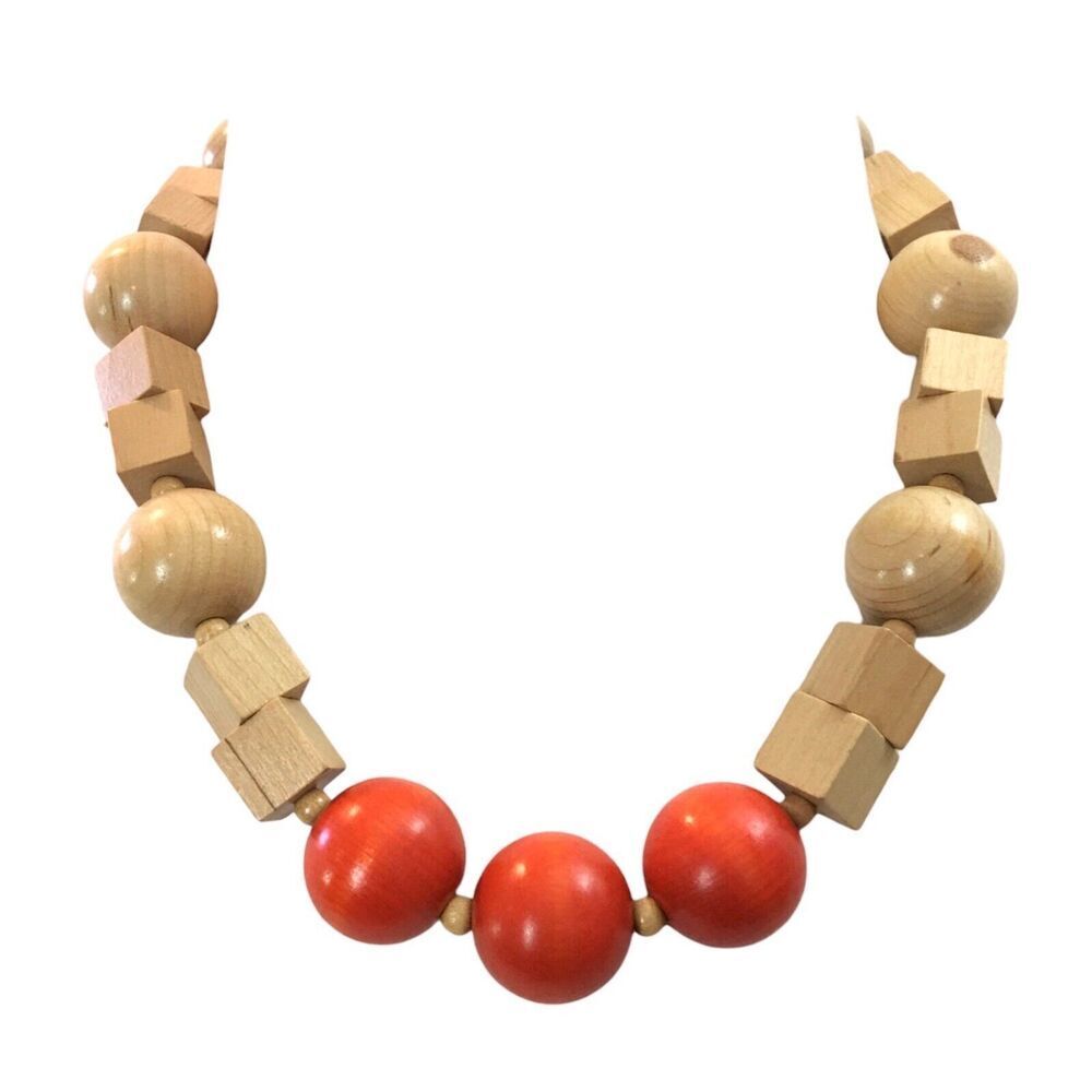 Vintage Chunky Wood Bead Necklace Geometric Tan Orange Wooden Beads 19in